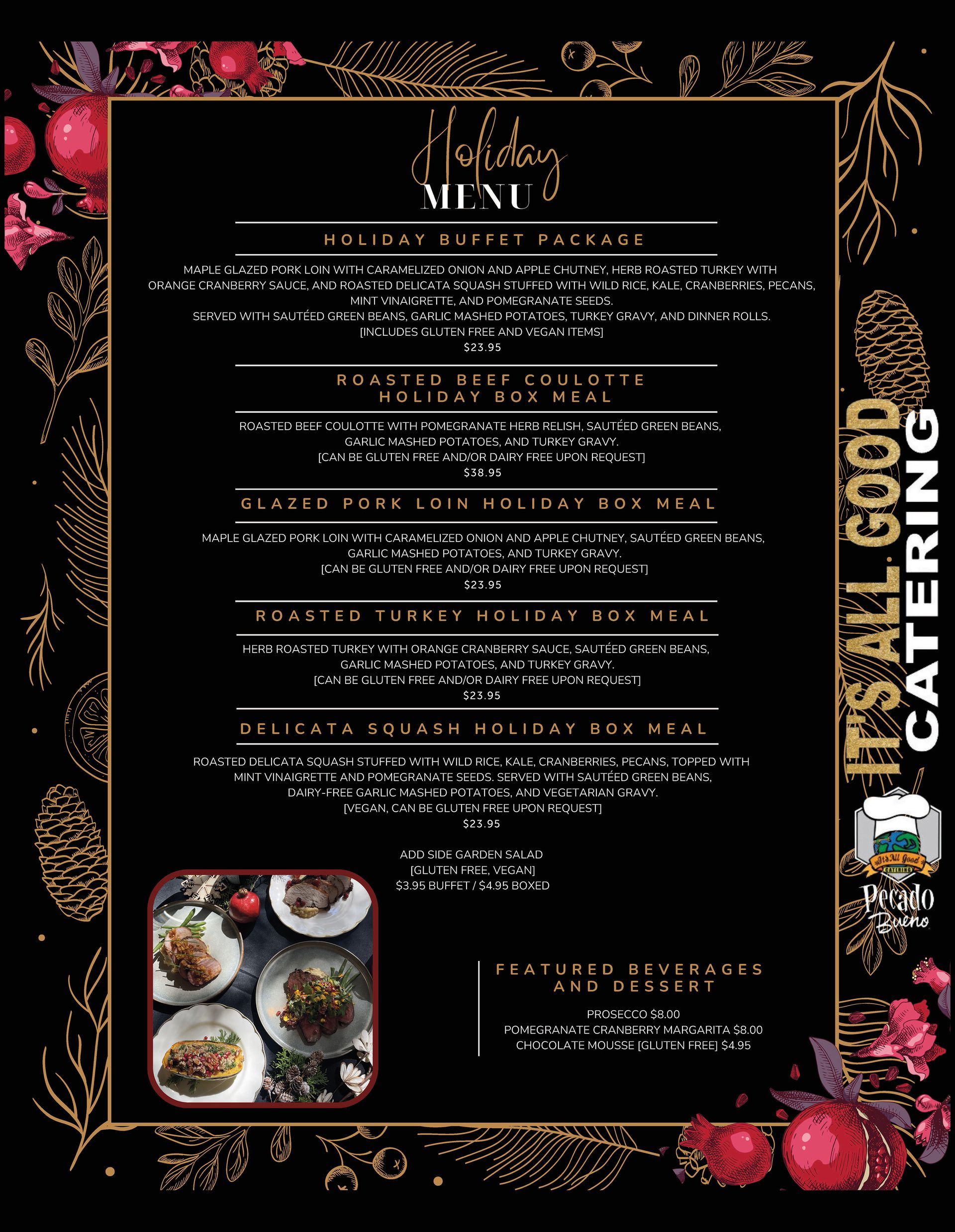 A Holiday food menu with artful graphics surrounding the menu items