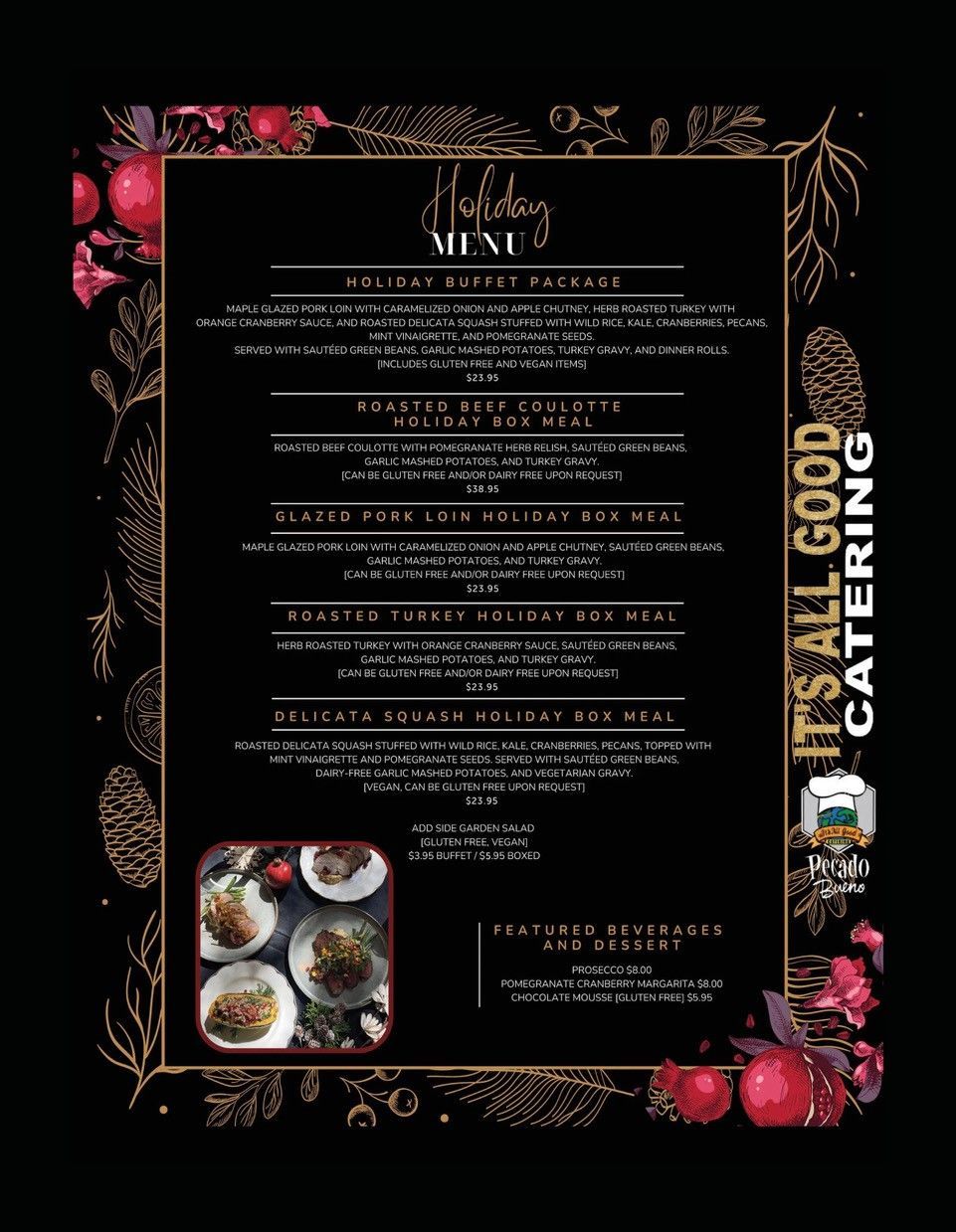 Black menu with gold accents and food photos for
