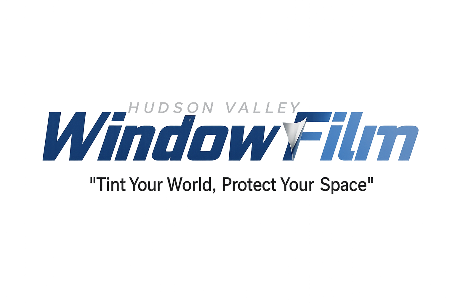 Logo for Hudson Valley Window Film in blue text with a stylized window pane in the "w" and a peel effect on the "F".