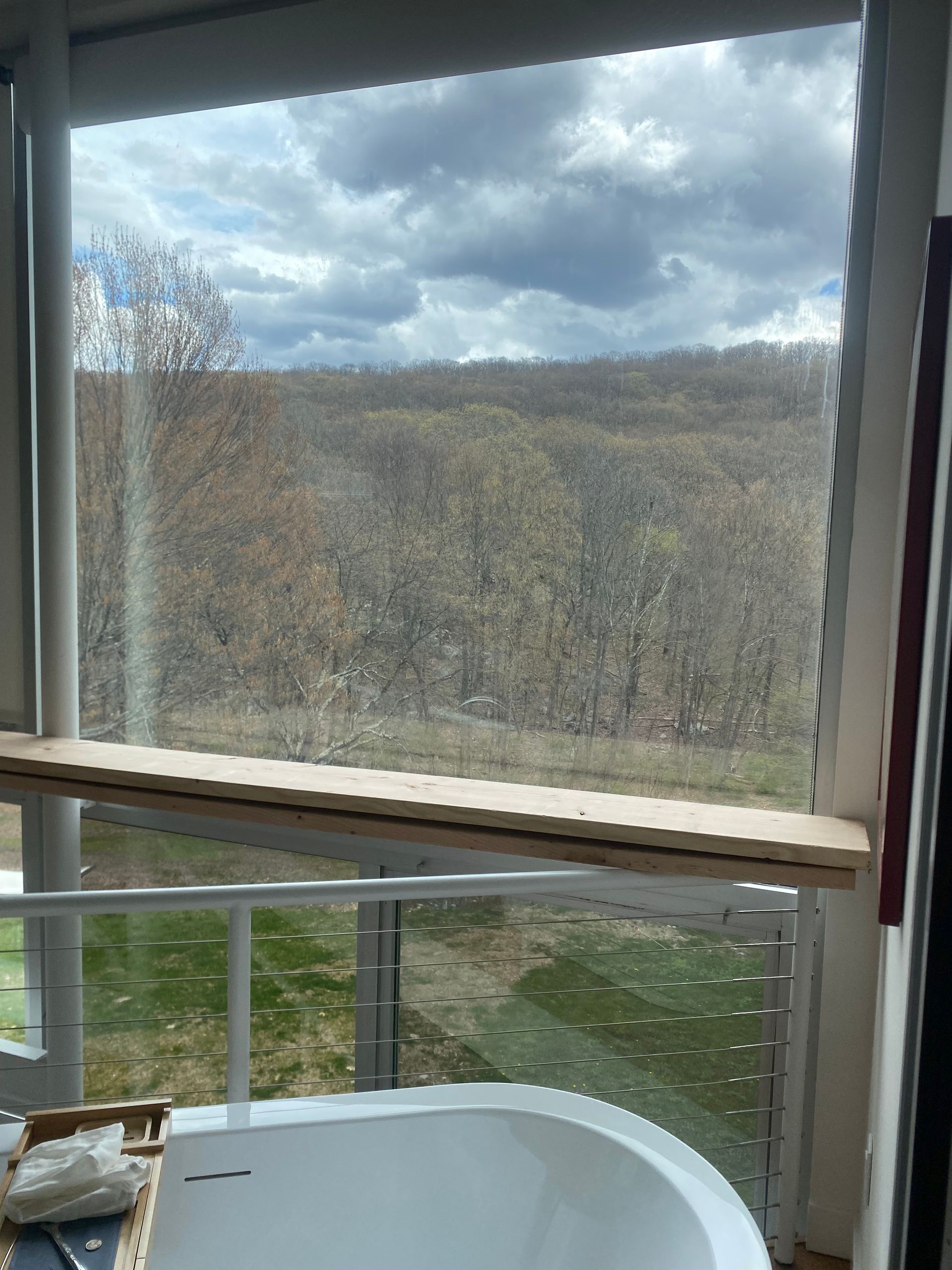 A white bathtub sits in front of a window overlooking a wooded hill under a cloudy sky.
