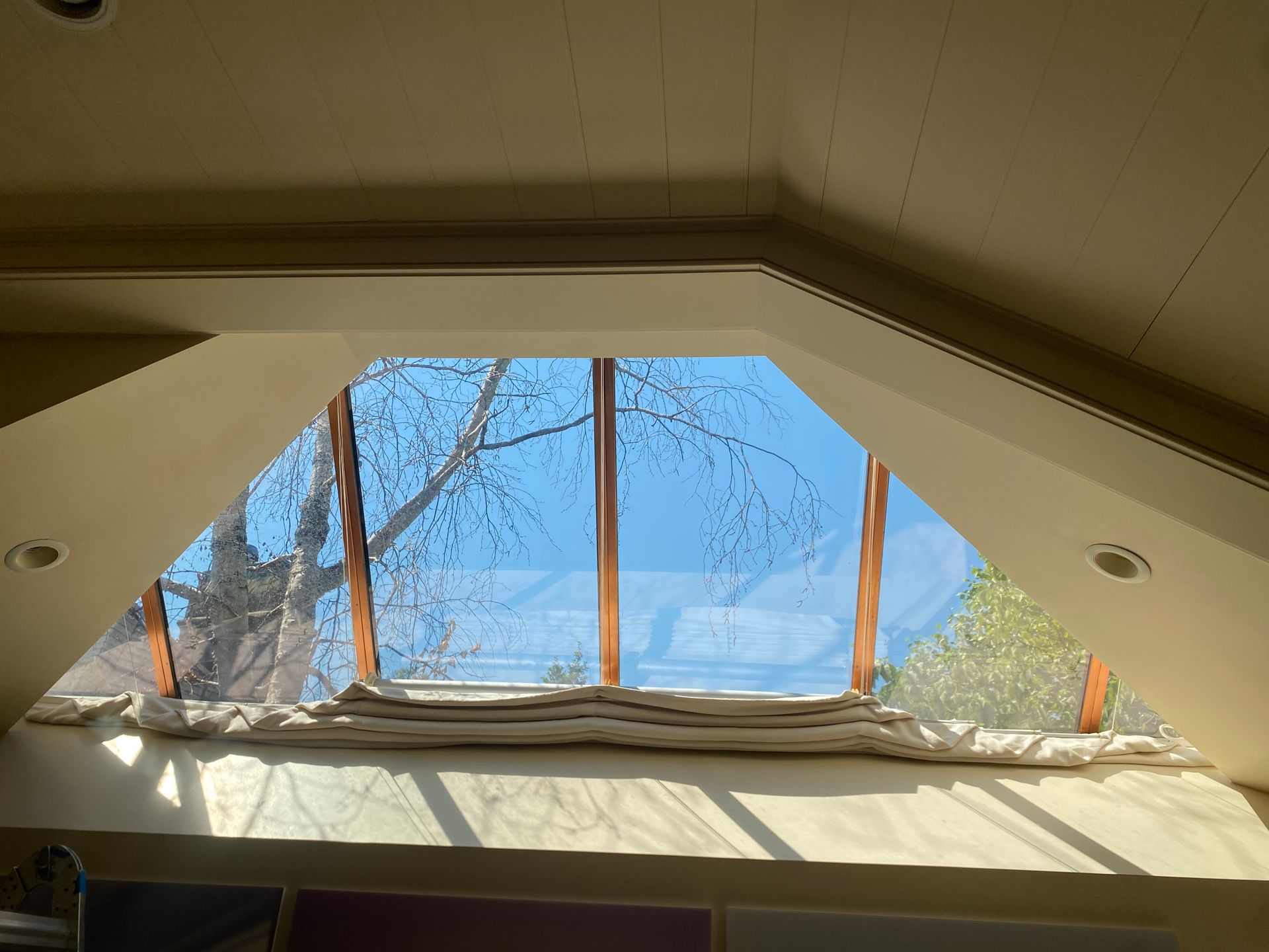 A large, angled skylight built into a tan ceiling, showing a blue sky and tree branches through the glass.
