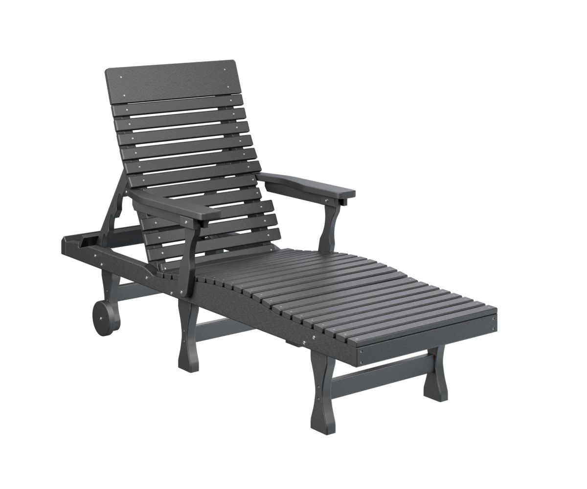 A gray wooden lounge chair with wheels on a white background.