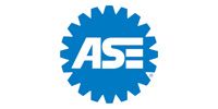 Blue ASE logo in a gear shape with white letters on a white background