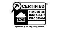 A black and white logo for a certified vinyl siding installer program sponsored by the vinyl siding institute.
