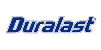 A blue and white logo for duralast on a white background.