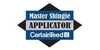 A logo for a master shingle applicator that is certified.