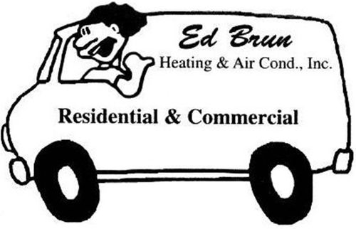 Logo of a white service van for Ed Brun Heating & Air Cond., Inc. with “Residential & Commercial” text.
