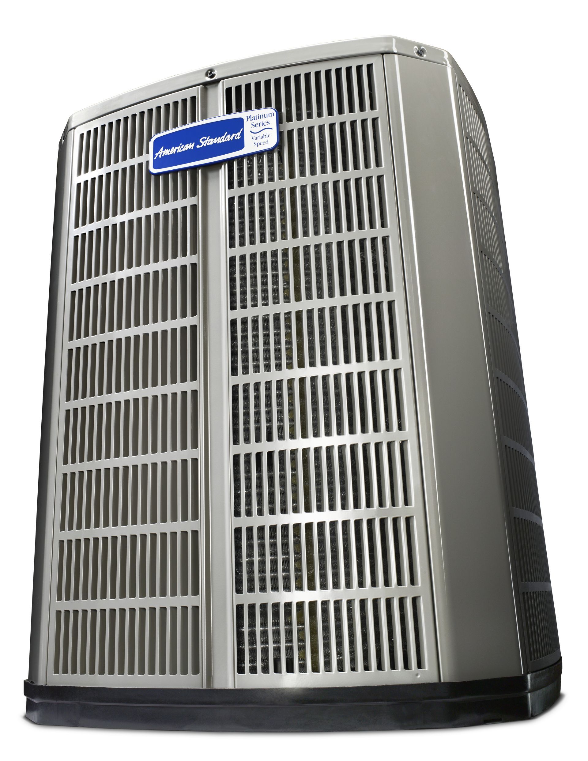 Large beige and black outdoor air conditioning unit with a blue brand label
