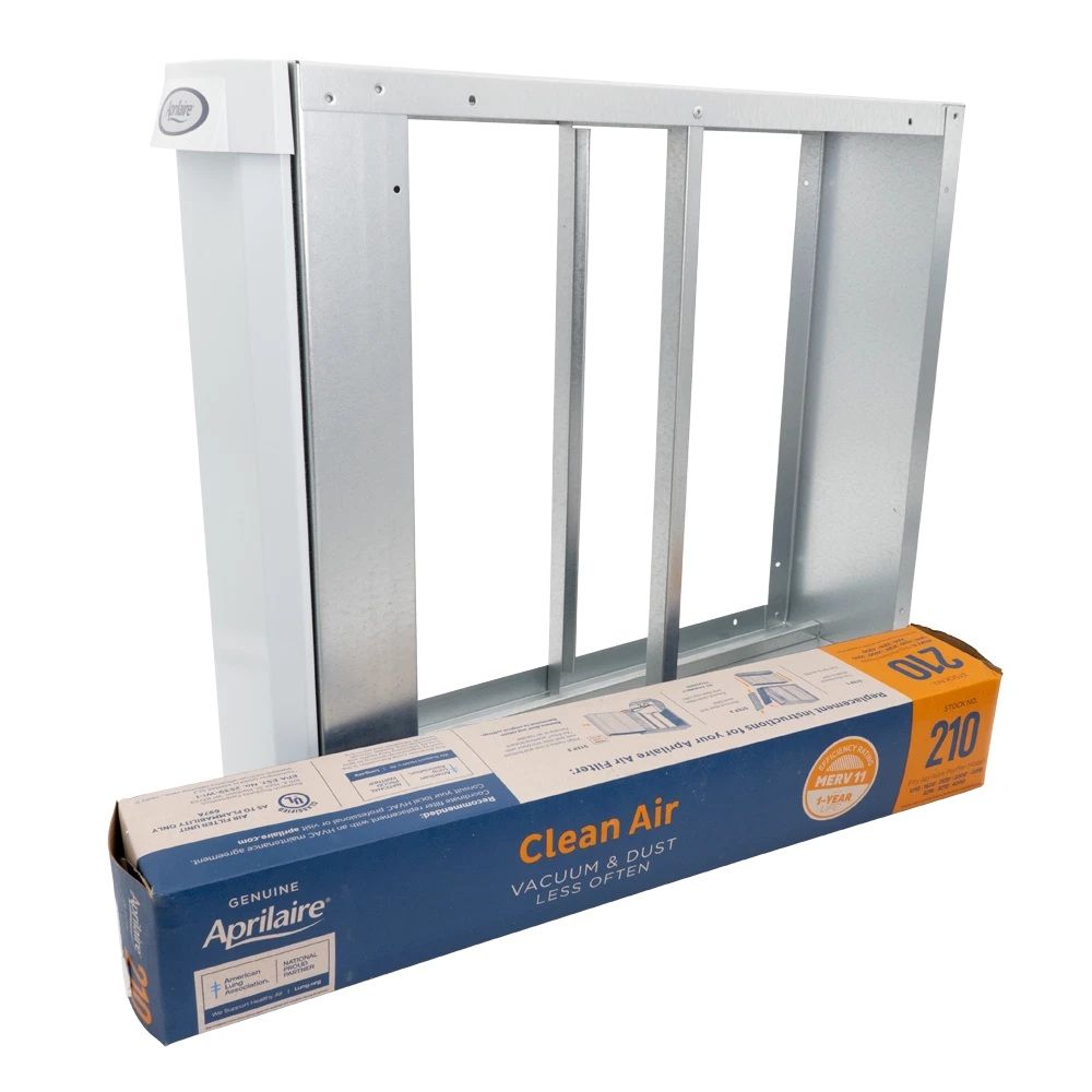 White air filter holder with a blue-and-orange filter box in front
