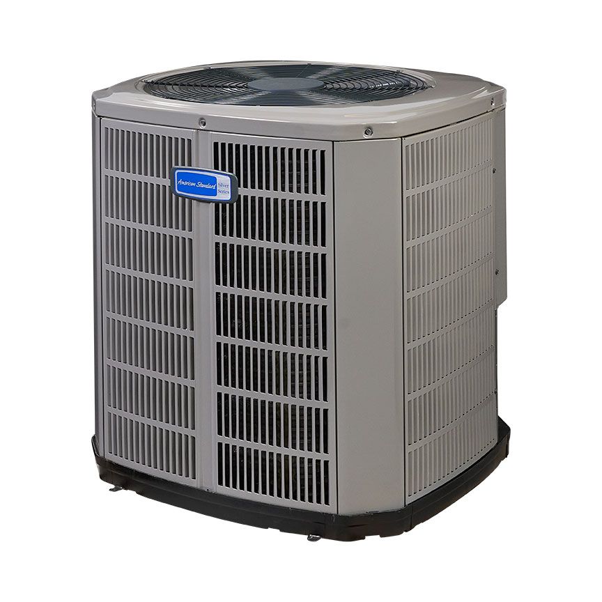Outdoor central air conditioning unit with gray metal grille and top fan