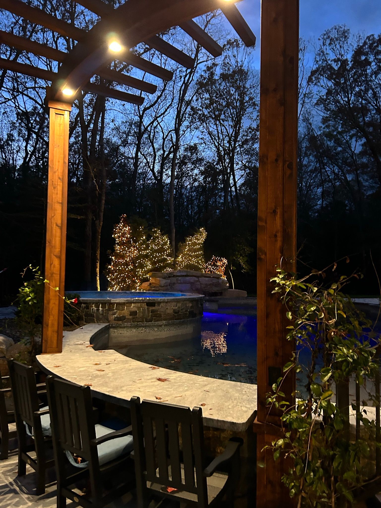 Nighttime backyard pool with a pergola, lit with string lights. A bar with stools overlooks the pool, surrounded by trees.