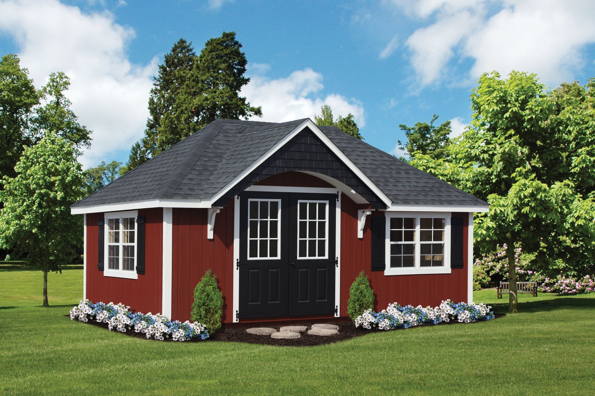 a small red house with a black door and windows