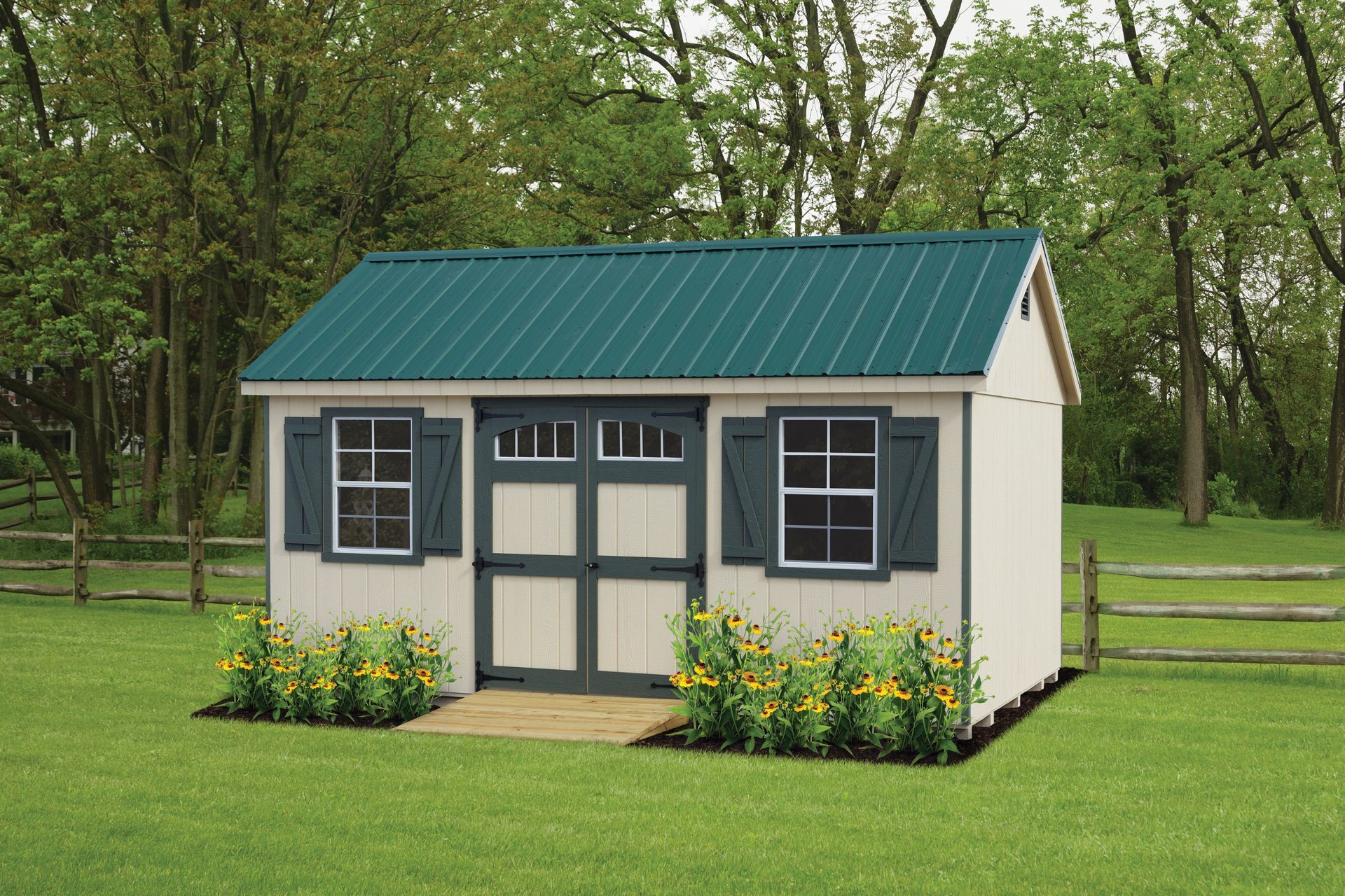 a white shed with a green roof and blue shutters