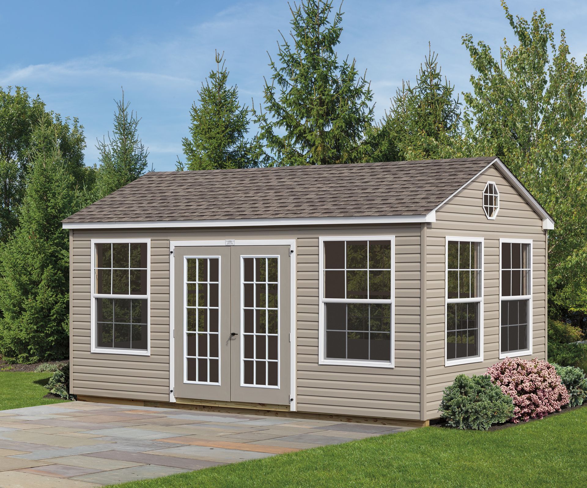 a shed with a roof and a lot of windows