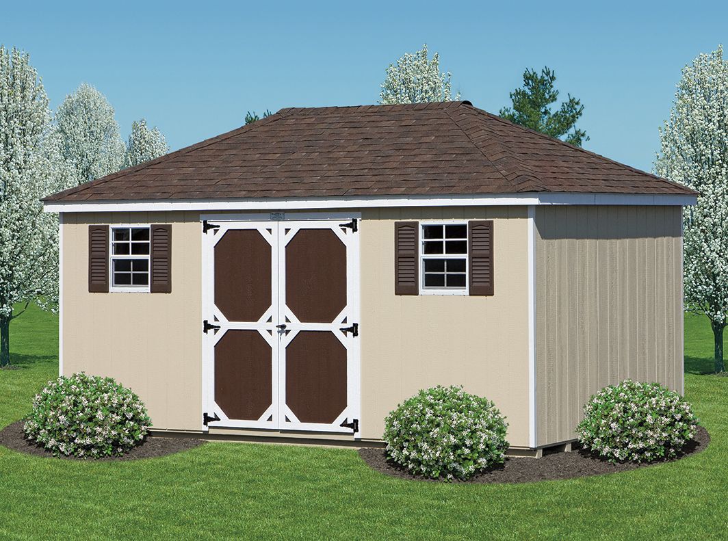 a shed with a brown roof and brown doors is sitting on top of a lush green field .