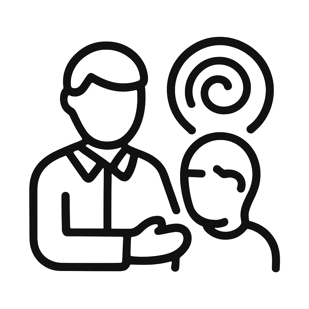 Black outline icon of a person comforting another person with a spiral above their head.