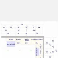 Kitchen layout diagram with cabinet dimensions and appliance labels.