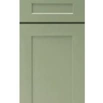 Green cabinet door with rectangular recessed panel and upper rectangular accent.
