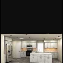 Kitchen interior with cabinets, appliances, and island.