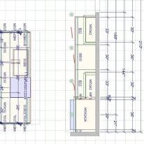 Architectural drawing: top-down view and side elevation of a cabinet layout with dimensions, text labels, and room features.