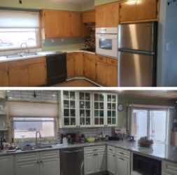 Before and after kitchen renovation: wooden cabinets replaced with white. New countertops.