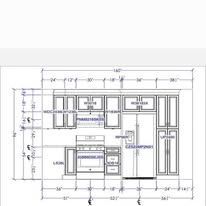 Kitchen cabinet blueprint with dimensions labeled. Includes stove, refrigerator, and various cabinets.