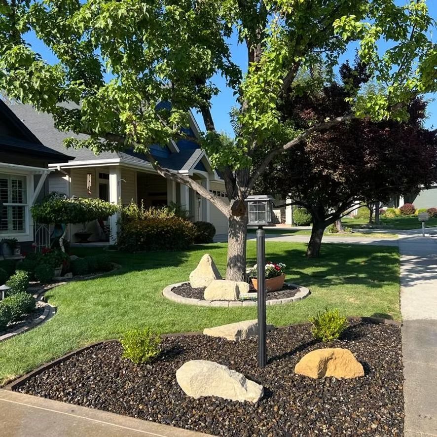 Suburban front yard with landscaped rock beds, a small sign, and a large tree by the sidewalk.
