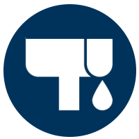 White stylized faucet dripping water inside a dark blue circle.