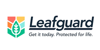 Leafguard logo: green leaf inside a colorful hexagon, dark blue text, tagline