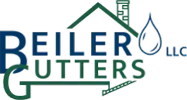 Logo for Beiler Gutters LLC; text and house outline with chimney and water drop graphic.