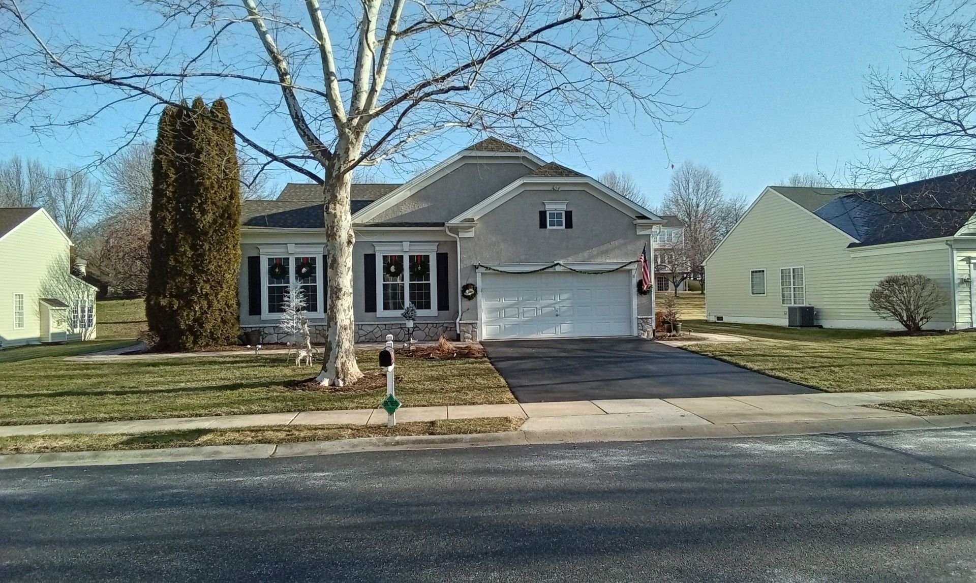 Single-story house with gray roof and white garage door.  Bare tree and evergreen in front yard. Clear, sunny day.
