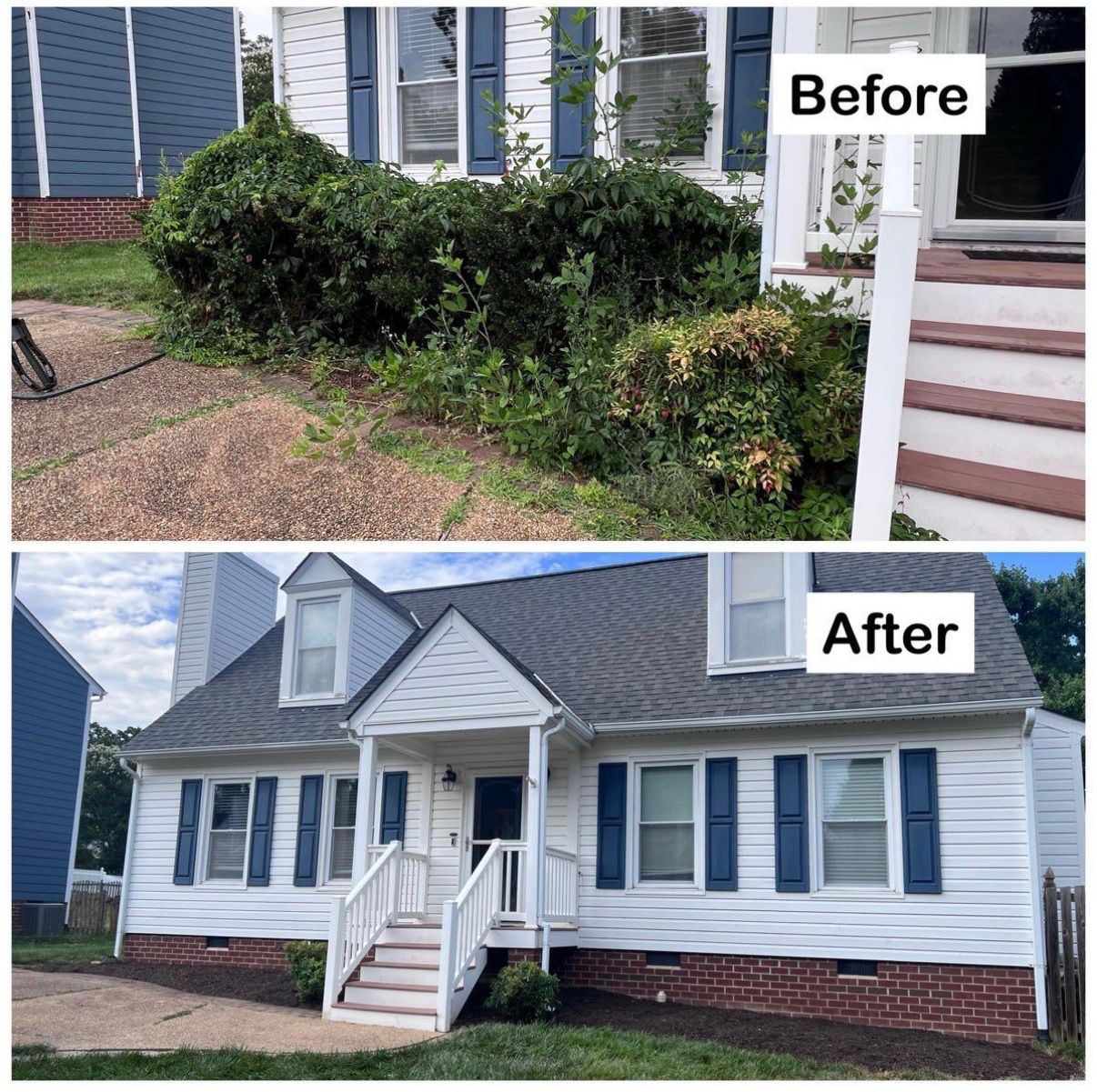 Before-and-after of a house exterior: overgrown shrubs removed and front porch repainted white and blue.