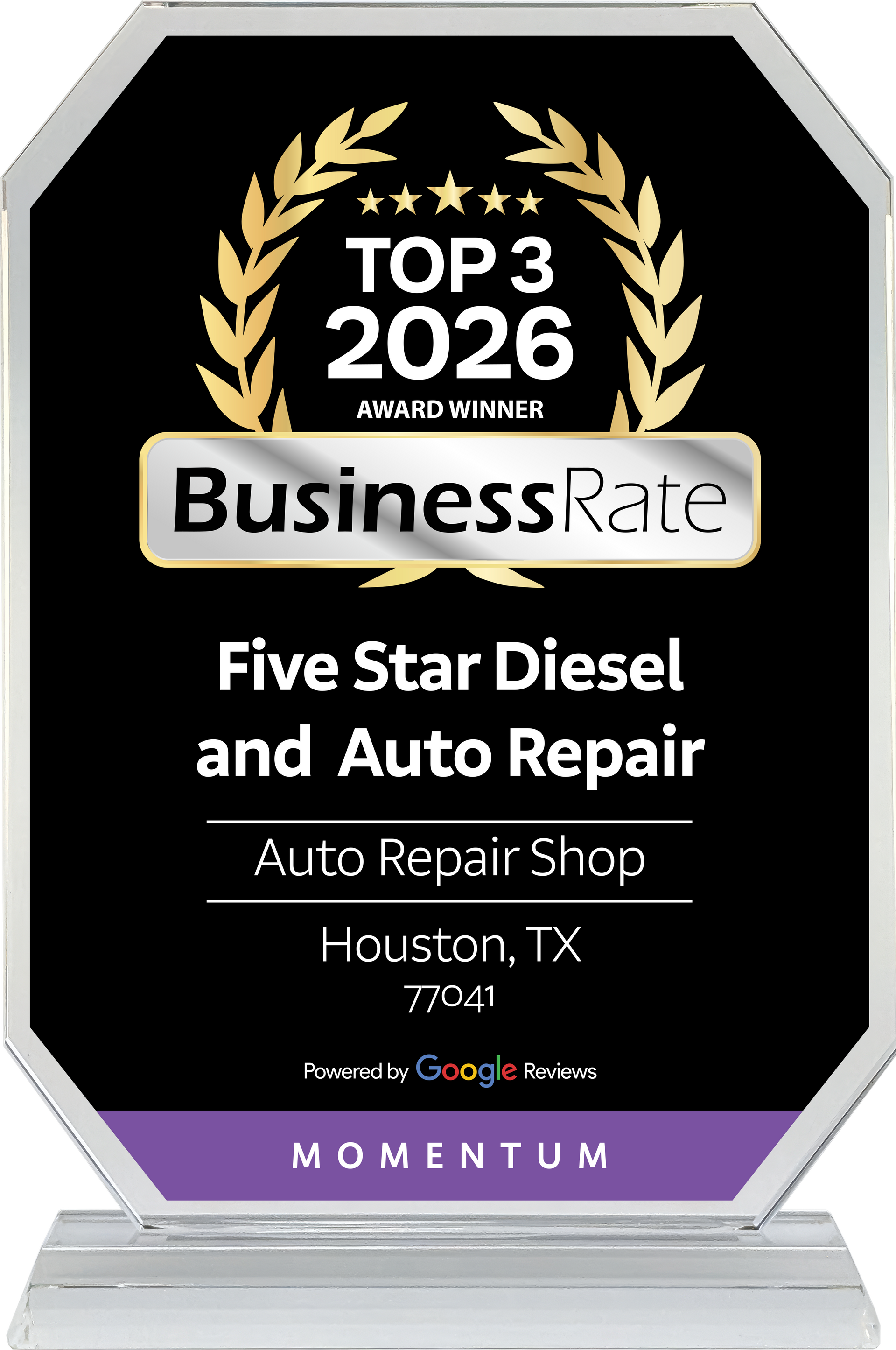 Award for Five Star Diesel and Auto Repair,