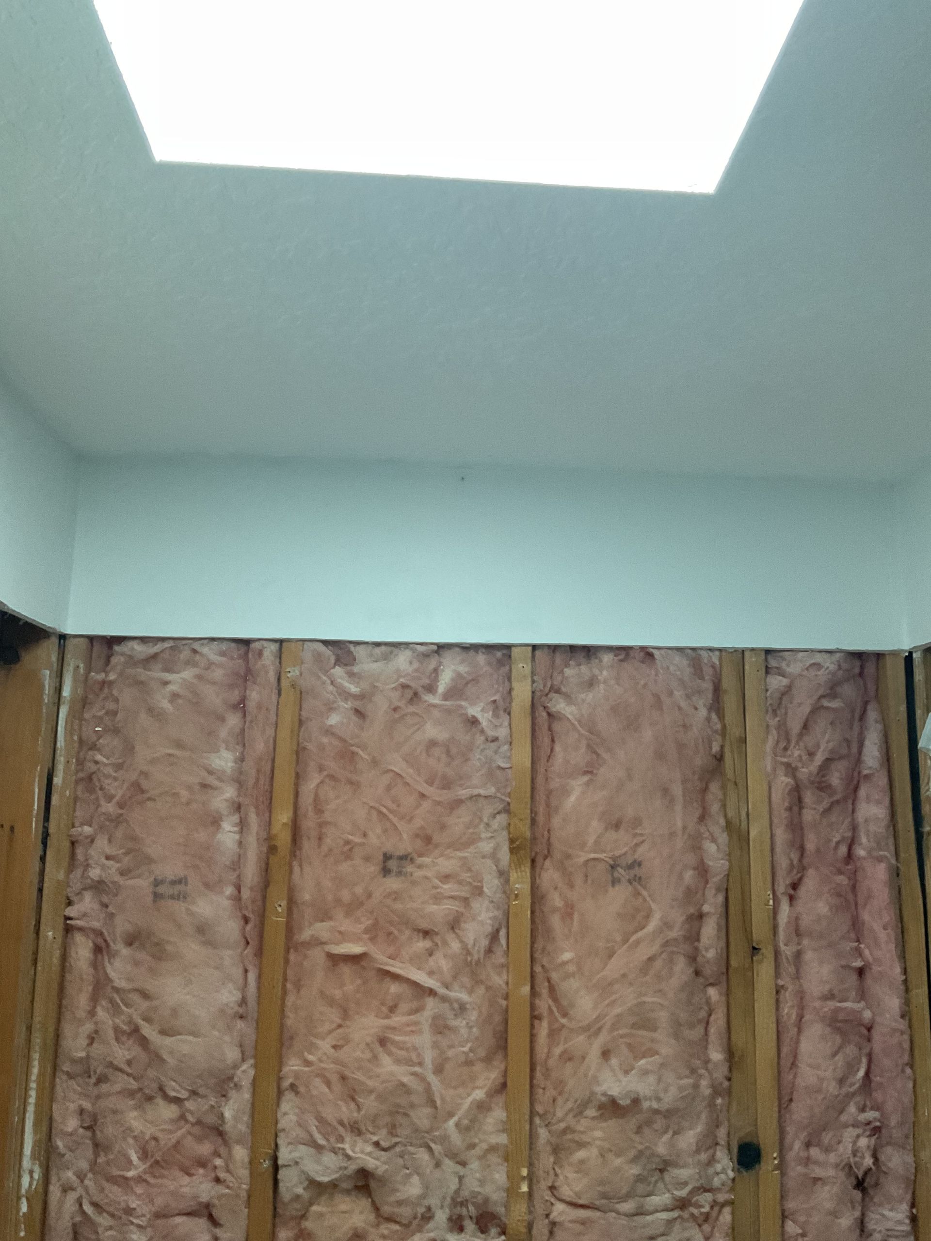 Unfinished room with exposed insulation walls and a bright ceiling light panel overhead