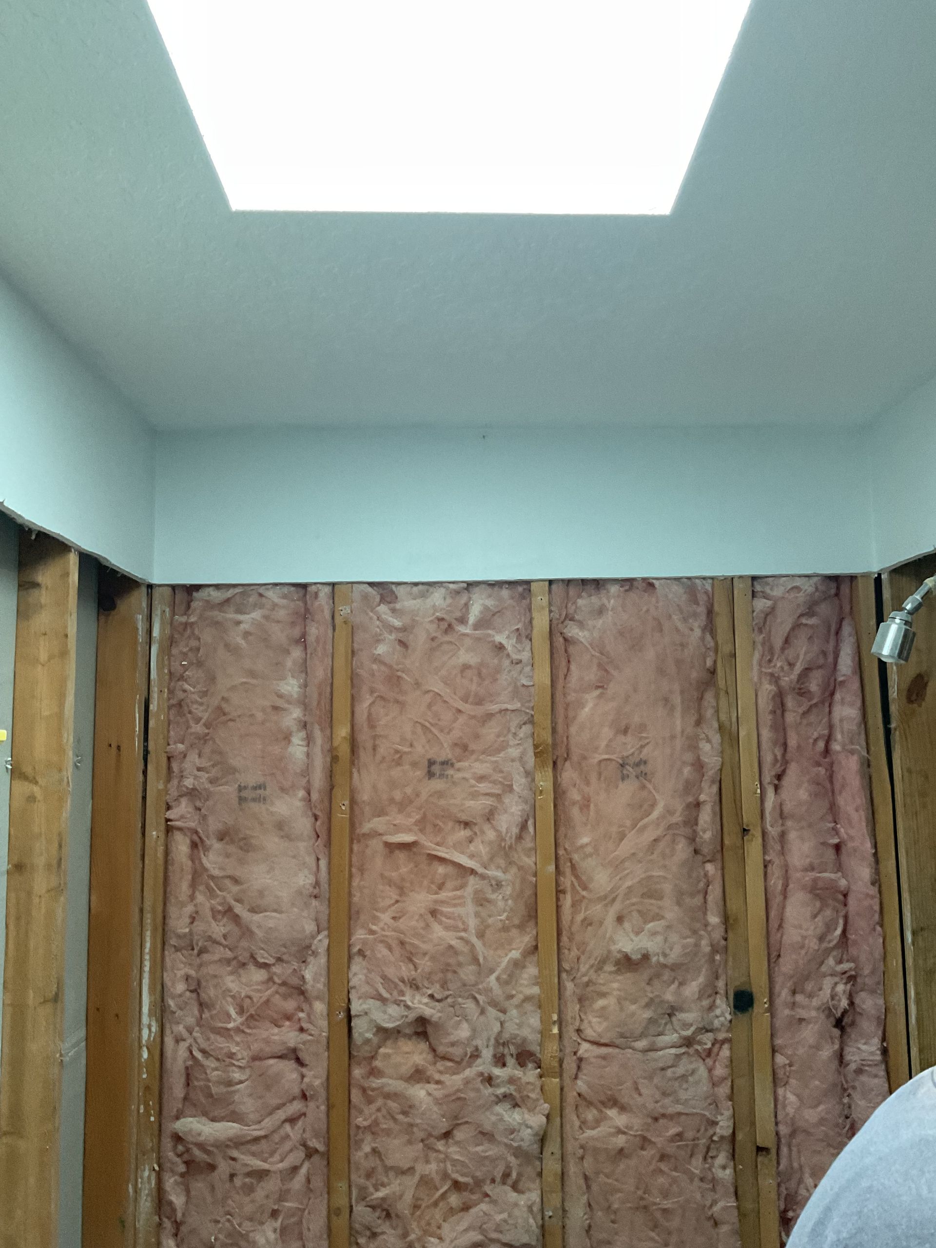 Bathroom walls under renovation with exposed studs and pink insulation beneath a skylight.
