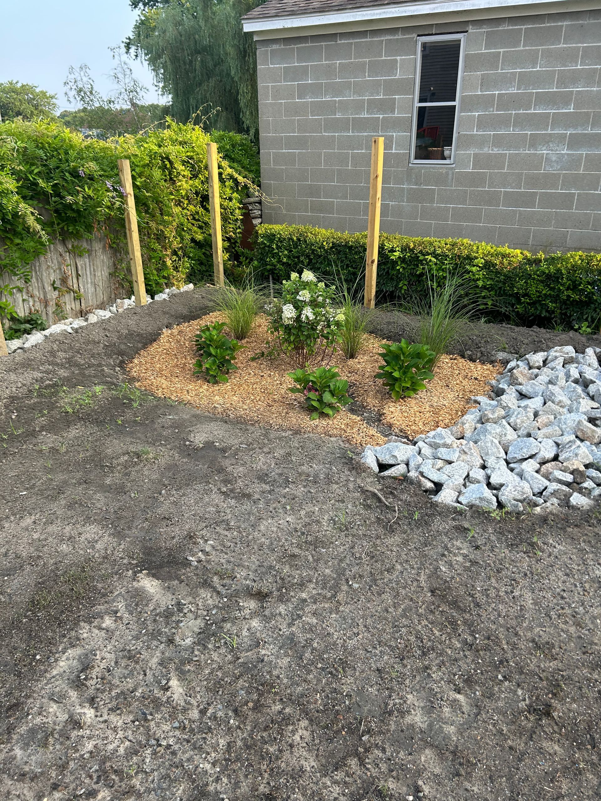 A garden with plants and rocks in front of a brick building.