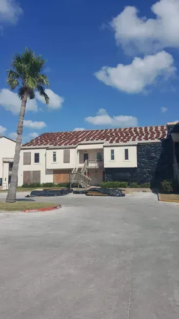 A large white building with a palm tree in front of it.