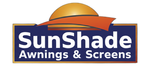 SunShade Awnings & Screens logo in blue and orange with a sun graphic
