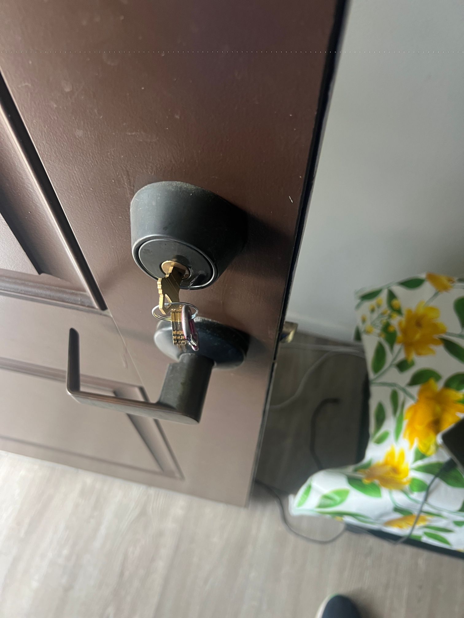 A close up of a door with a key in it.