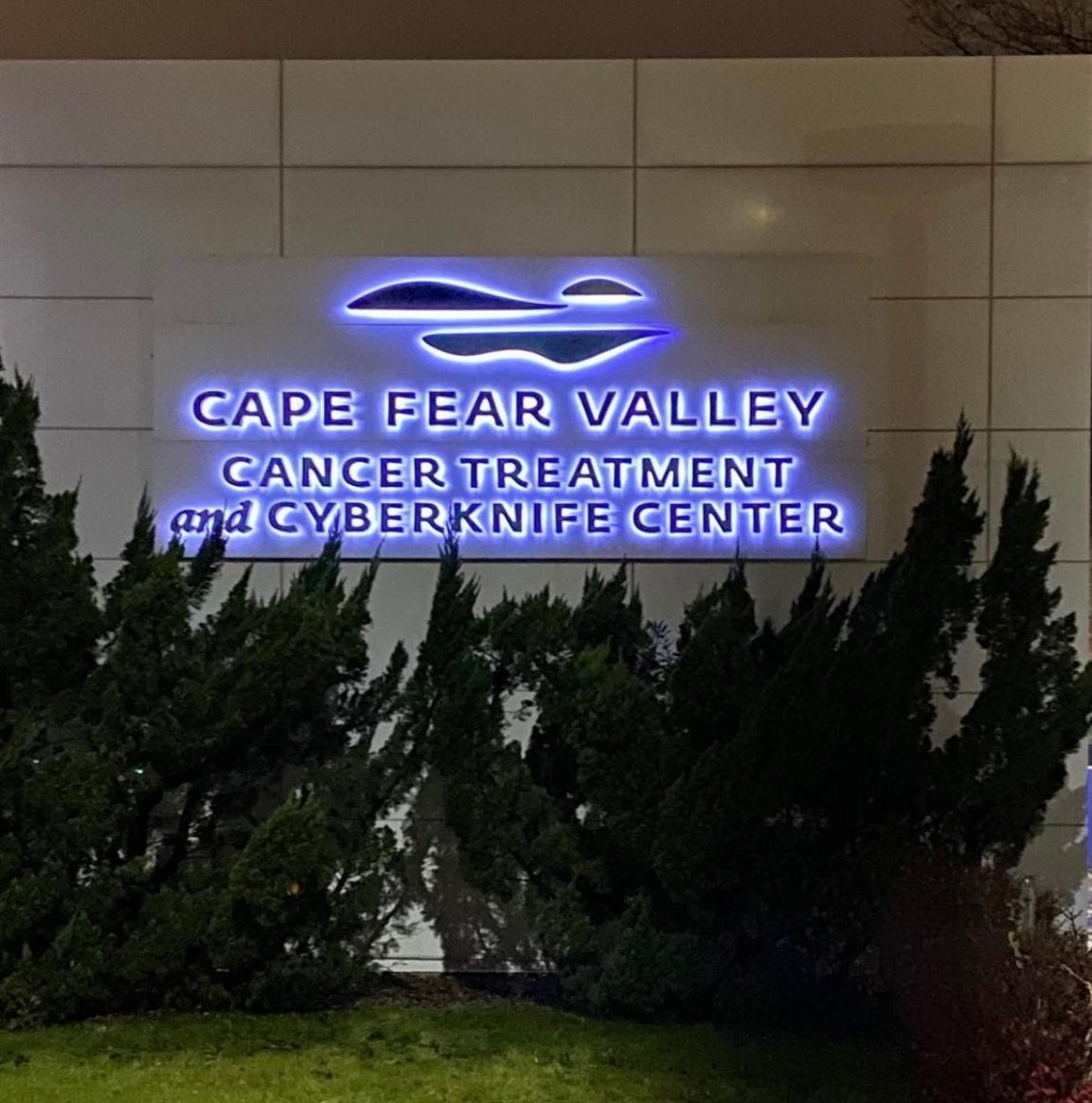 A sign for cape fear valley cancer treatment and cyberknife center