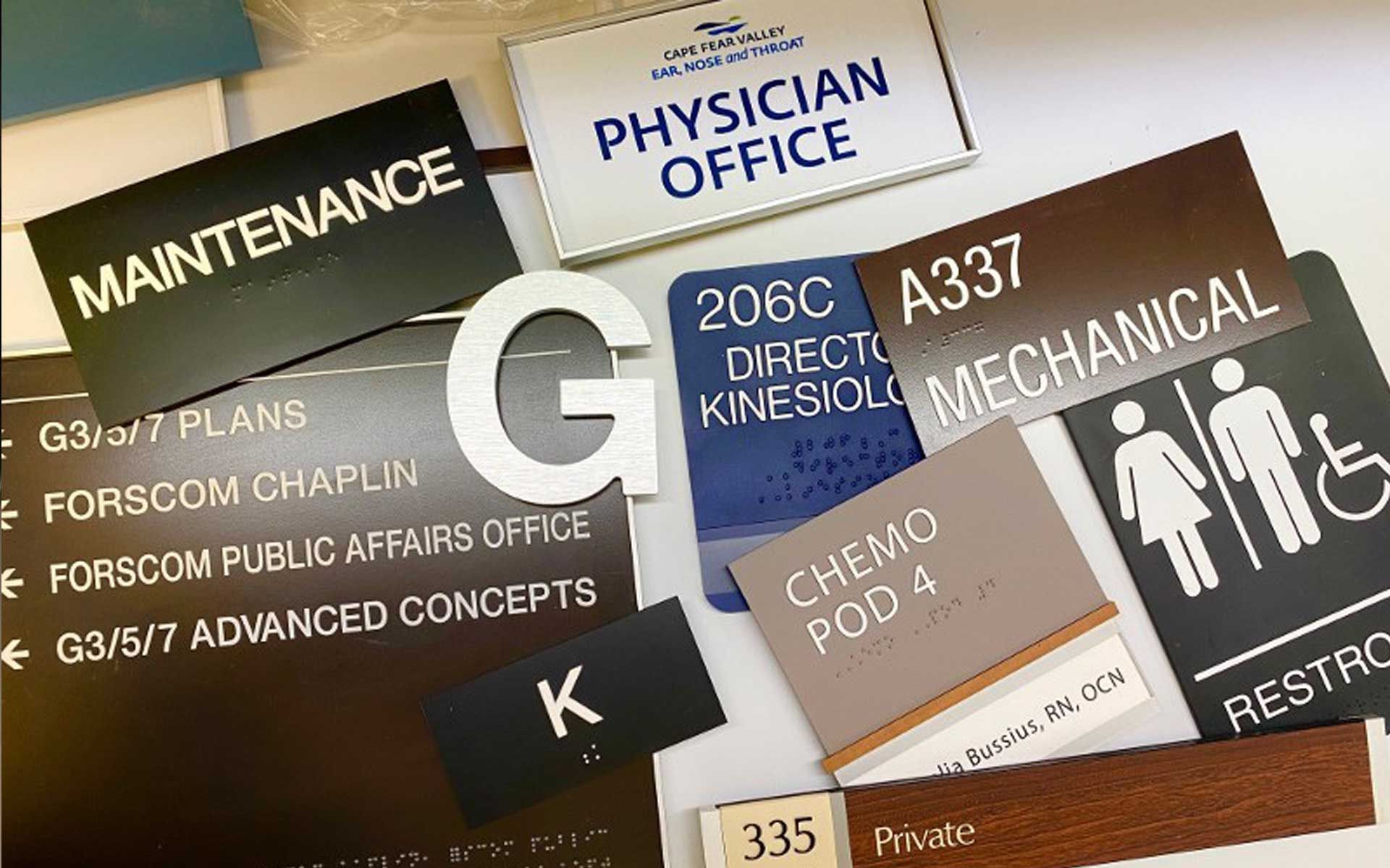 A bunch of signs on a table including one that says physician office