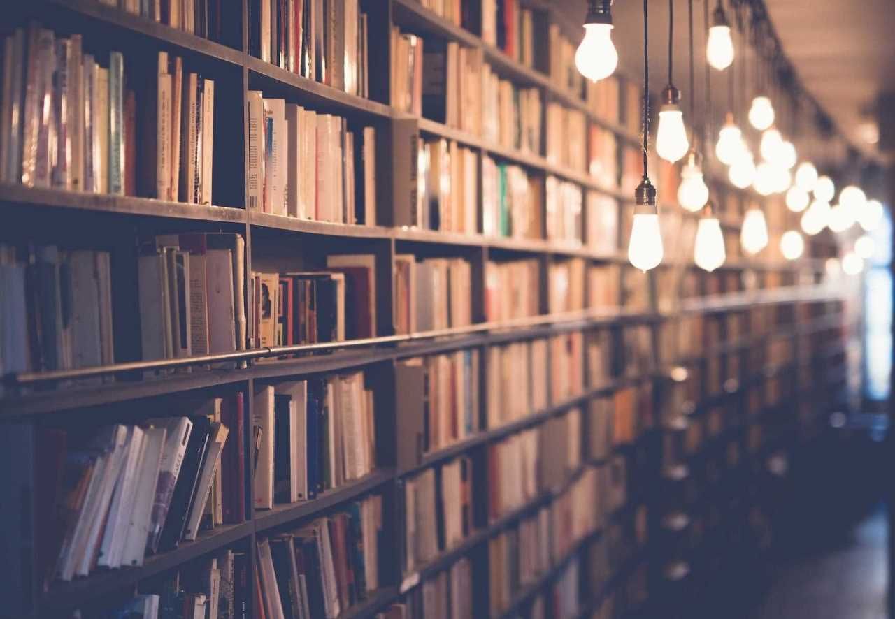 a row of shelves filled with books