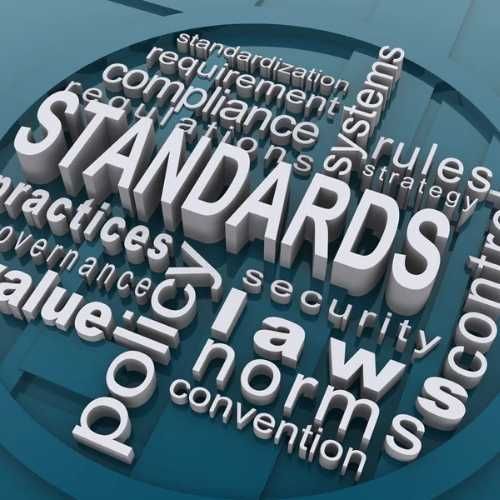 A round word cloud with terms like standard, policy, laws, norms, compliance, systems, etc.