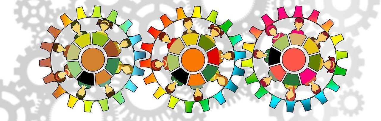 An illustration with grey cogs faded in the background and in the foreground, three colorful tables with 8 figures at each