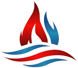 Red, blue, and white abstract flame logo with curved wave-like lines