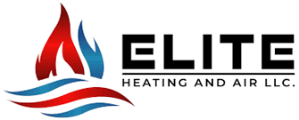 Elite Heating and Air LLC logo with red and blue flame and wave graphic