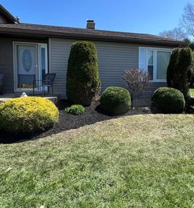 A house with a lush green lawn and bushes in front of it.