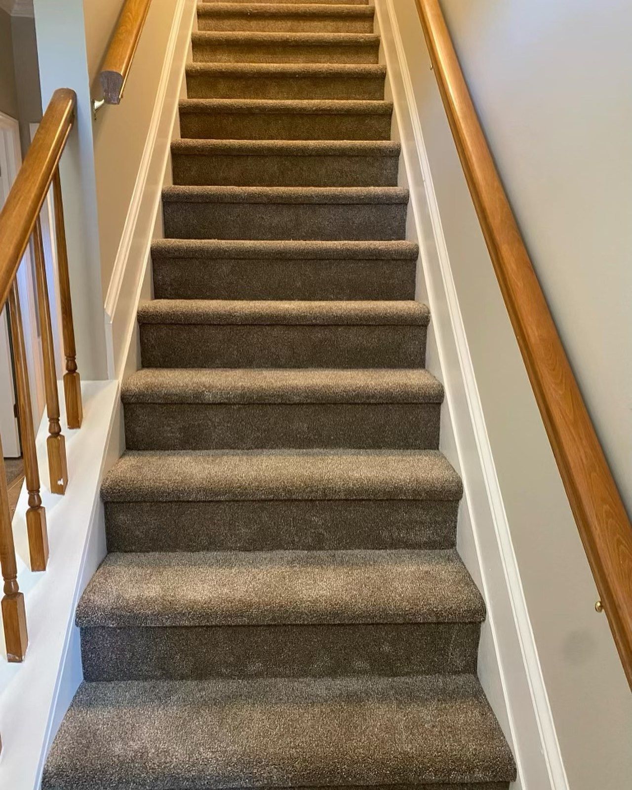 Staircase with brown carpet and wooden handrails on both sides, leading upwards.