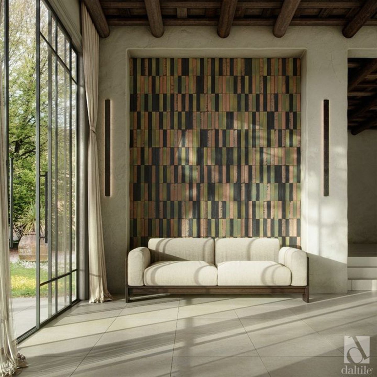 Living room with beige sofa, patterned wall, large window, and ambient lighting.