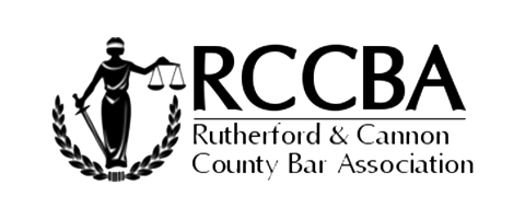 Logo for Rutherford & Cannon County Bar Association. Features a figure of justice, scales, and a sword.